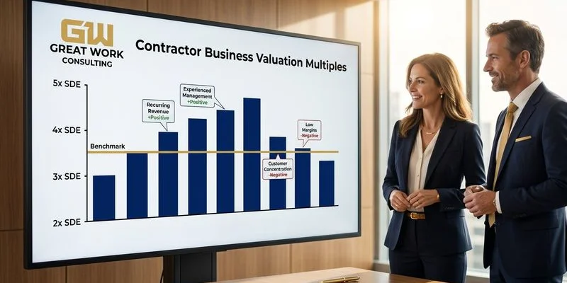Chart comparing contractor business valuation multiples from two to five times SDE showing key factors that influence each level