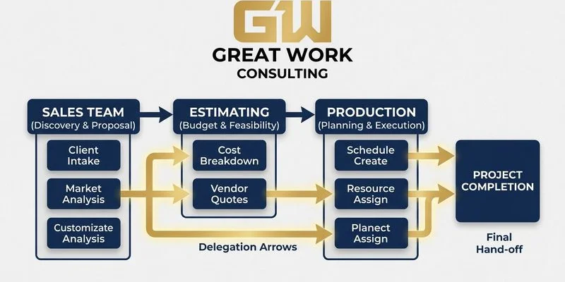 Contractor business operations workflow diagram showing delegated responsibilities across sales estimating production and administration teams