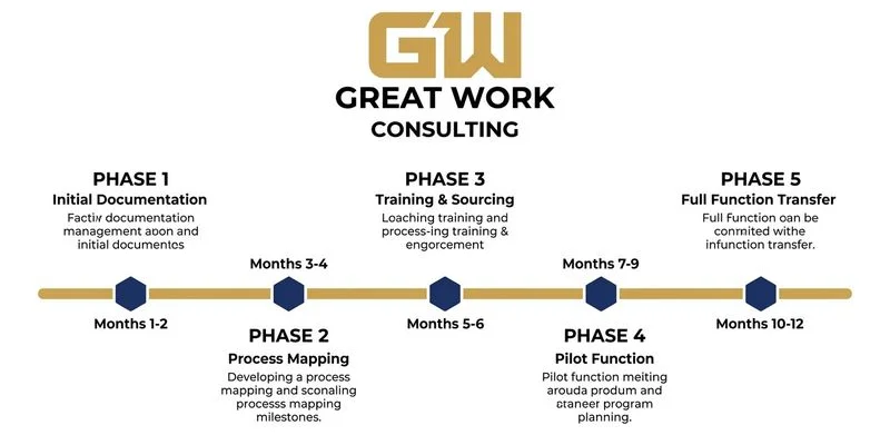 Contractor business delegation timeline showing five phases from documentation through full function transfer over eighteen months