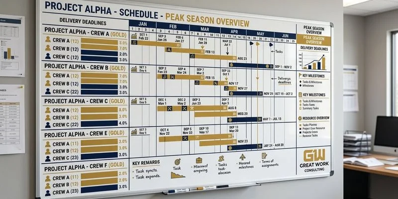 Contractor office whiteboard showing peak season project schedule with crew allocations and material delivery timelines mapped out