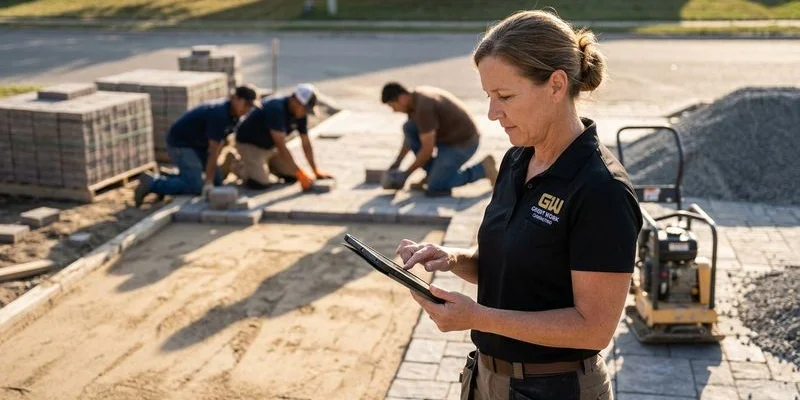 Outdoor living contractor reviewing job progress on tablet device while standing at an active hardscape installation site