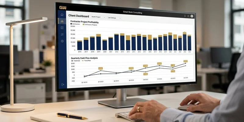Financial dashboard showing contractor project profitability and cash flow analysis