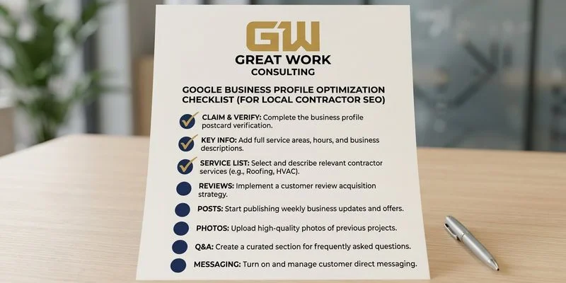 Google Business Profile optimization checklist for contractor businesses showing key fields and settings