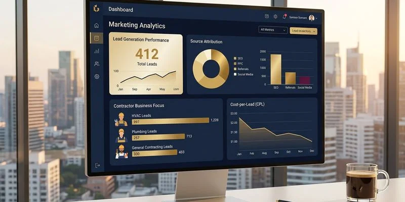 Marketing analytics dashboard showing contractor lead generation metrics and campaign performance