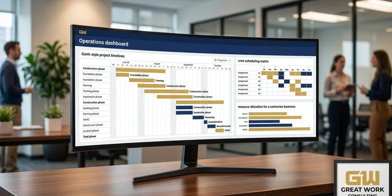Operations dashboard showing project timelines and crew scheduling for contractor business